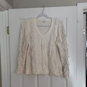 J. Jill Ivory Fringe V-Neck Sweater